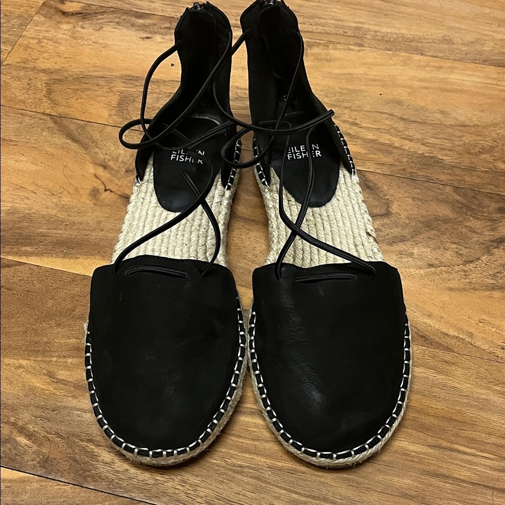 Eileen Fisher Black Leather Espadrille Lace-Up Flats